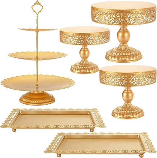 Photo 1 of  Cake Stand Set Gold Metal Antique-Inspired Cake Pop Stand Display Cupcake Tower Treats Contemporary Cakes Candy Station for Dessert Table Wedding Baby Shower Birthday Party Decor 6 Pcs
