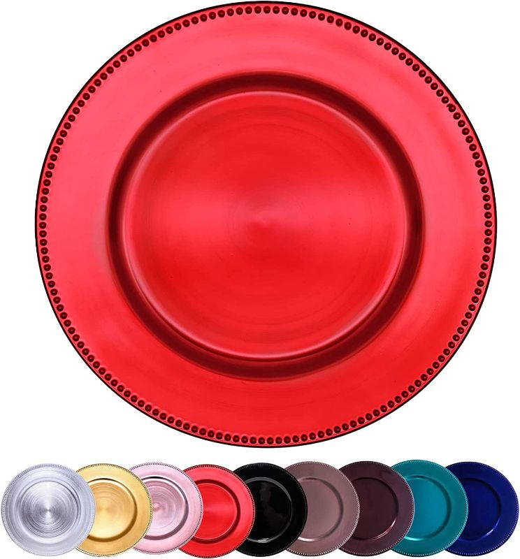 Photo 1 of DaCakeWS Metallic Gold Charger Plates 6PCS, 13inch Plastic Beaded Round charger plates bulk wedding, Dinner, Wedding, Party, Event, Decoration(Red) https://a.co/d/48pTOPr