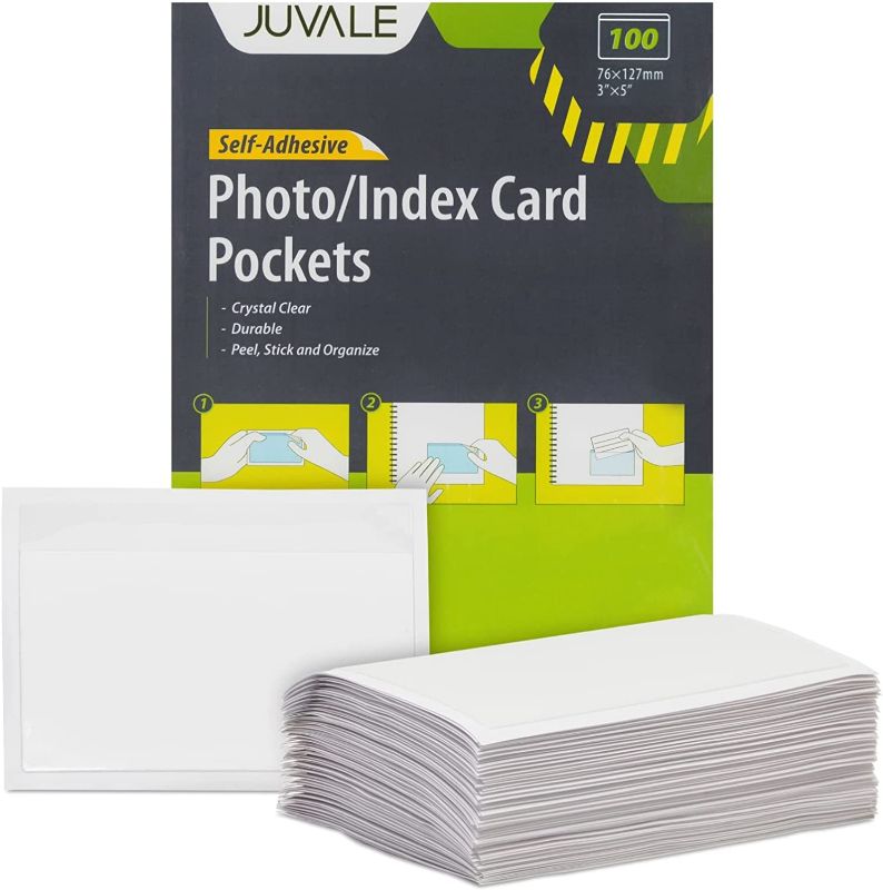 Photo 1 of Juvale 100 Pack Plastic Label Holders for 3x5 Index Cards, Clear Self-Adhesive Pockets for Office Supplies
