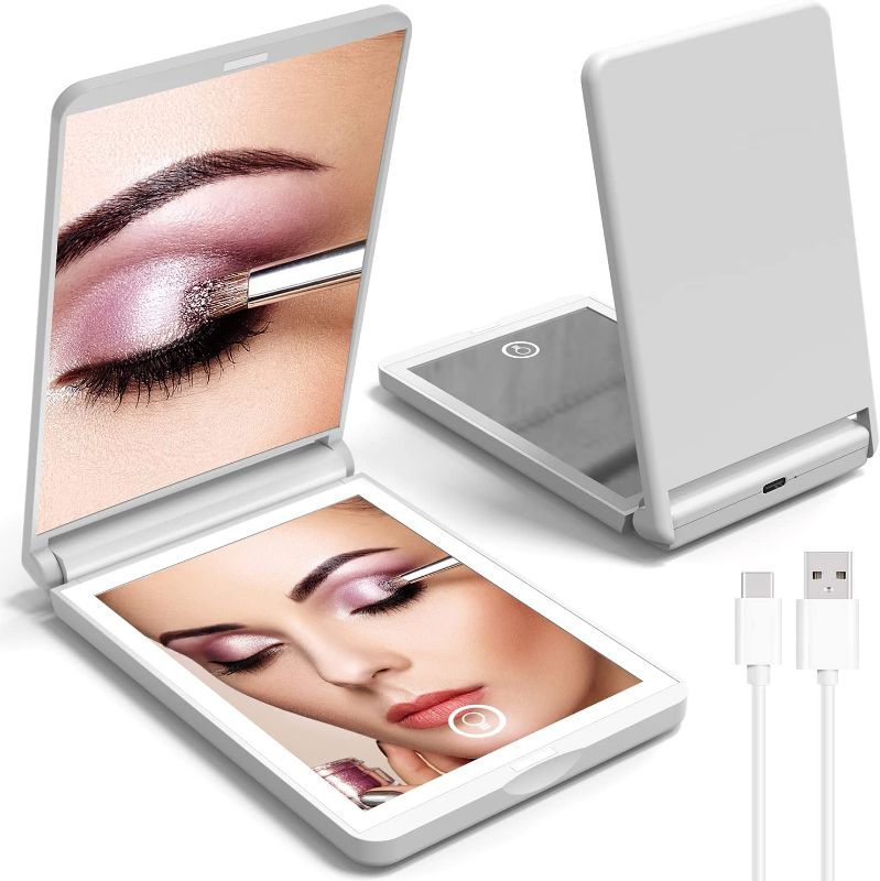 Photo 1 of [2023 Latest] Travel Mirror with Light, 1X/3X Magnification Lighted Pocket Mirror, Touch Switch Compact Mirror with LED Light, 2-Sided, Portable, Folding, Handheld, Small Compact Mirror(White) https://a.co/d/exOz7np