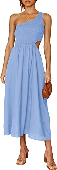 Photo 1 of ANRABESS Women's Summer Sleeveless Smocked One Shoulder Cutout Sundress Flowy A-Line Beach Long Maxi Dress https://a.co/d/3NBImyg