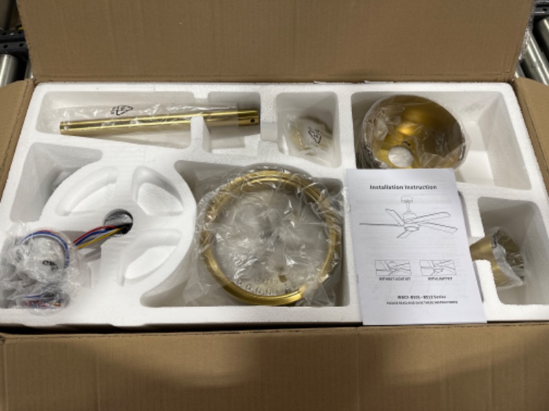 Photo 2 of WINGBO 54 Inch DC Ceiling Fan with Lights and Remote Control, 5 Reversible Carved Wood Blades, 6-Speed Noiseless DC Motor, Modern Ceiling Fan in Brass Finish with Black Blades, ETL Listed 54" DC ceiling fan with light Black