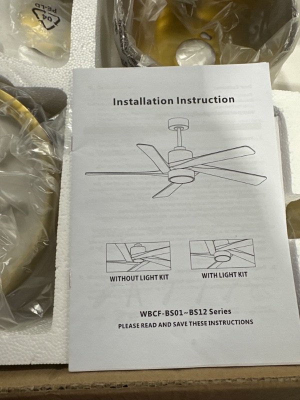 Photo 3 of WINGBO 54 Inch DC Ceiling Fan with Lights and Remote Control, 5 Reversible Carved Wood Blades, 6-Speed Noiseless DC Motor, Modern Ceiling Fan in Brass Finish with Black Blades, ETL Listed 54" DC ceiling fan with light Black