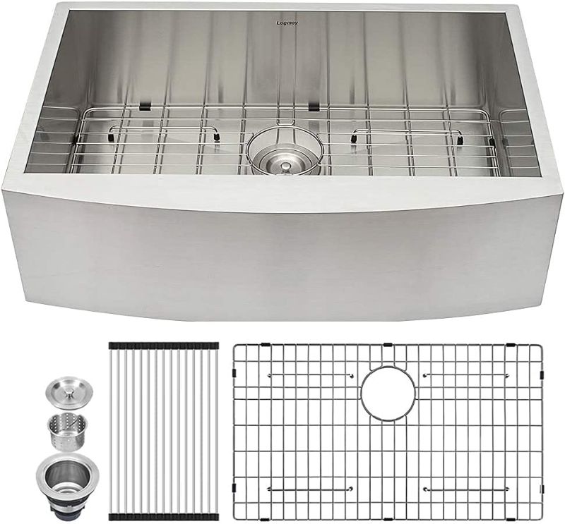 Photo 1 of 36 Farm Apron Sink - Logmey Farmhouse Sink 36 inch Kitchen Sink Apron Front Single Bowl Farm Sink 18 Gauge Stainless Steel Apron Sink 