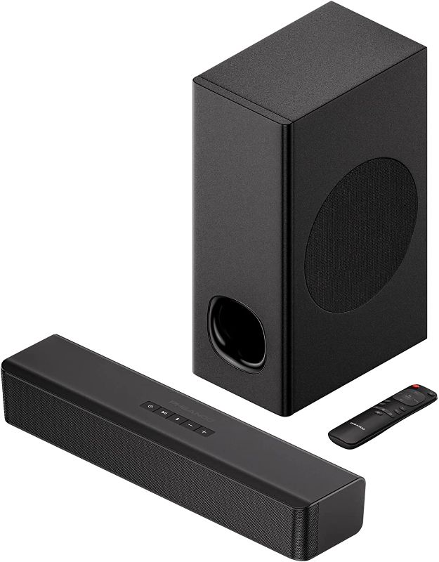 Photo 1 of PHEANOO 2.1 Compact Sound Bars for TV with Subwoofer, HDMI ARC/Bluetooth 5.0/Optical/AUX/RCA Connection, Remote Control, Adjustable Bass, Wall Mountable – P15, 140W, 16 inch
