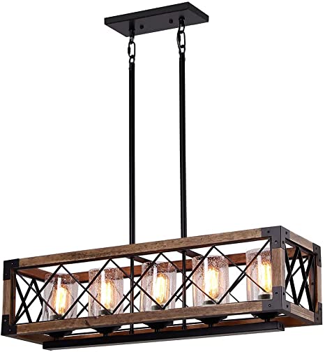 Photo 1 of Giluta Rectangle Wood Metal Pendant Light Kitchen Island Chandelier Black Finish Rustic Industrial Chandelier Vintage Ceiling Light Fixture 5 Lights with Glass Shade