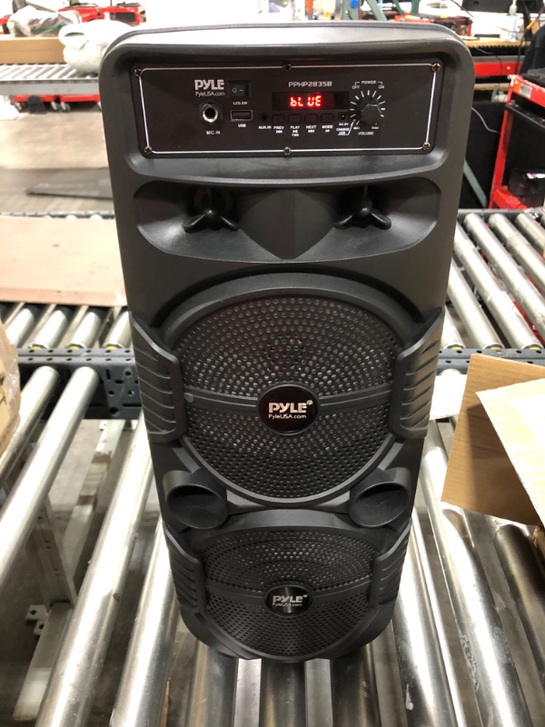 Photo 2 of Pyle Portable Bluetooth PA Speaker System - 600W Rechargeable Outdoor Bluetooth Speaker Portable PA System w/ Dual 8” Subwoofer 1” Tweeter, Microphone In, Party Lights, USB, Radio, Remote - PPHP2835B