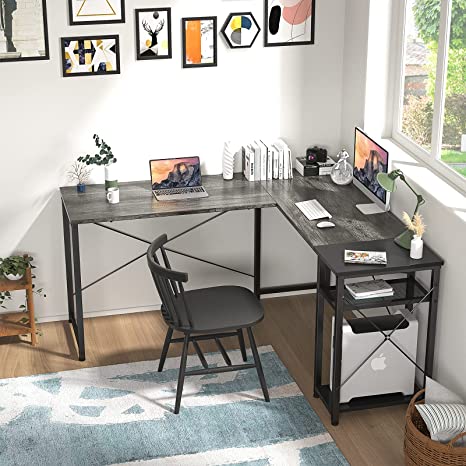 Photo 1 of Homfio L Shaped Desk Computer Office Desk with Shelves Corner Computer Desk Large Gaming Table Industrial Simple Desk Workstation for Home Office Study Writing Table, Black Oak and Black 