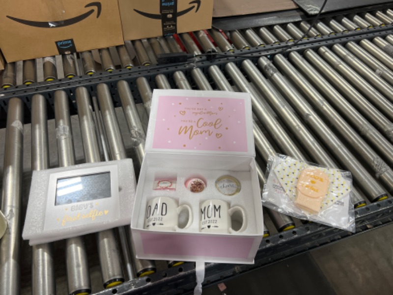 Photo 1 of 2023 New Mom Gifts for Women- Announcements Pregnancy Gifts for First Time Moms, Gender Reveal Gifts for New Parents Mom and Dad Mugs, Baby Shower Gifts, Baby Picture Frame, Bibs, Onesie, Socks (9pcs)