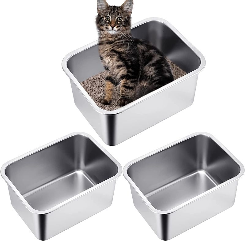 Photo 1 of 3 Pieces Stainless Steel Cat Litter Box Large Metal Litter Box Pets Litter Basin Pan Never Absorbs Odor, Rustproof, Easy to Clean, Safe and Hard for Cat Rabbits (14.2 x 10.6 x 7.9 Inches)