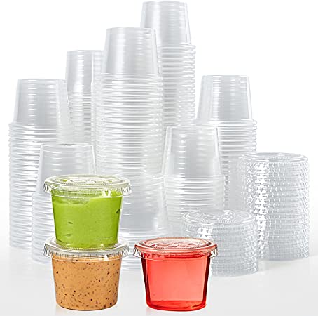 Photo 1 of [400 Sets - 1 oz] Disposable Plastic Portion Cups with Lids, Small Plastic Condiment Containers for Sauce, 1 oz Jello Shot Cups, Souffle Cups
