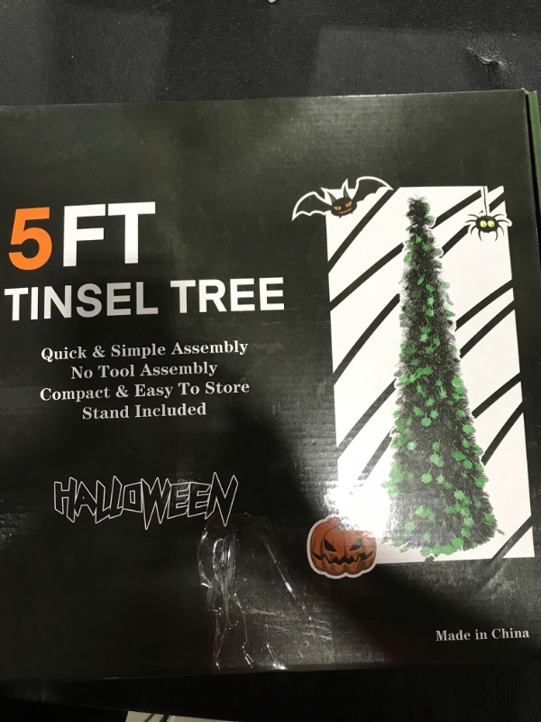 Photo 1 of [] 5 Ft Green Tinsel Halloween Black Tree Sequins  Pop Up Artificial Black Halloween Christmas Tree Decorations Home Party Indoor Outdoor