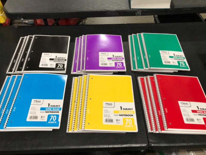 Photo 2 of LOT OF 24 - 1 Subject Wide Ruled Spiral Notebook - 70 Sheets (assorted Color)
