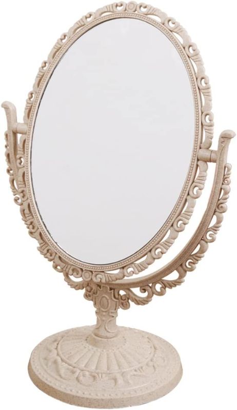 Photo 1 of XPXKJ 7-Inch Tabletop Vanity Makeup Mirror with 3X Magnification Double-Sided Rotatable Dresser Mirror Bathroom Bedroom Dressing Beauty Mirror (Oval, Beige)

