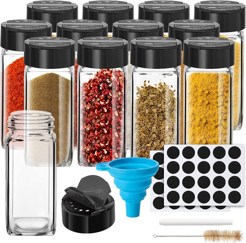 Photo 1 of 12 Pack Glass Spice Jars with Labels, 4oz Spices Containers Spice Jars with Black Shaker Lids, Empty Containers for Spice, Silicone Funnel and Marker Pen Included
