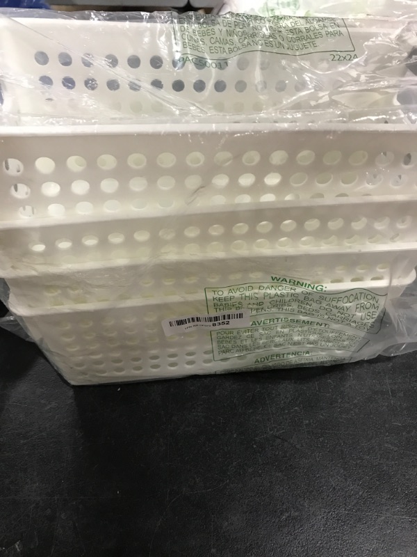 Photo 2 of 4 Pack White Plastic Baskets for Organizing, Narrow Storage Bins with Gray Handles, Small Nesting Containers for Shelf, Laundry, Office (5 In)