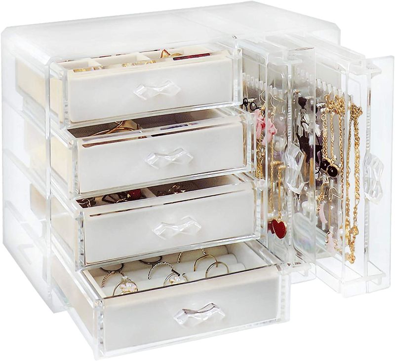 Photo 1 of Acrylic Jewelry Organizer Box, Clear Earring Holder Jewelry Hanging Boxes with 4 Velvet Drawers for Earrings Ring Necklace Bracelet Display Case Gift for Women, Girls
