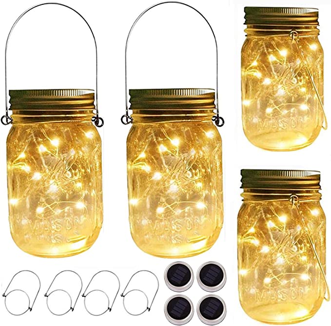 Photo 1 of Yong Xiang Solar Mason Jar String LED Lid Lights, 4 Pack 20 LEDs Fairy Firefly String Lights Warm White,with 4 Jars and 4 Hangers Starry Lighting for Patio Lawn Garden Wedding