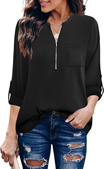 Photo 1 of  Furnex Women's V Neck Chiffon Blouse Half Zip up Tunic Shirts 3/4 Roll Sleeve Tops Work Casual SIZE L