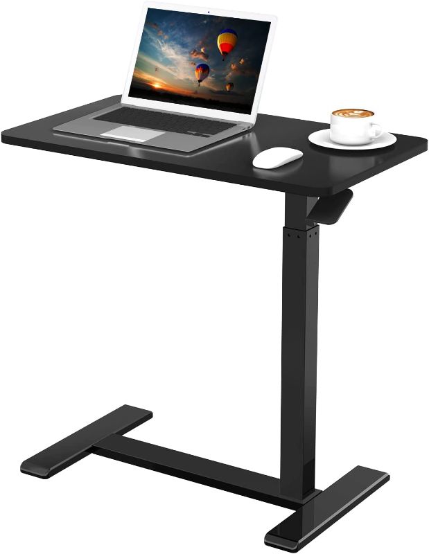 Photo 1 of  Medical Adjustable Overbed Bedside Table with Wheels Pneumatic Mobile Standing Desk Laptop Desk Rolling Computer Cart Movable Overbed Table Hospital Home Use(27.6" W x 15.7" D, Black Table)