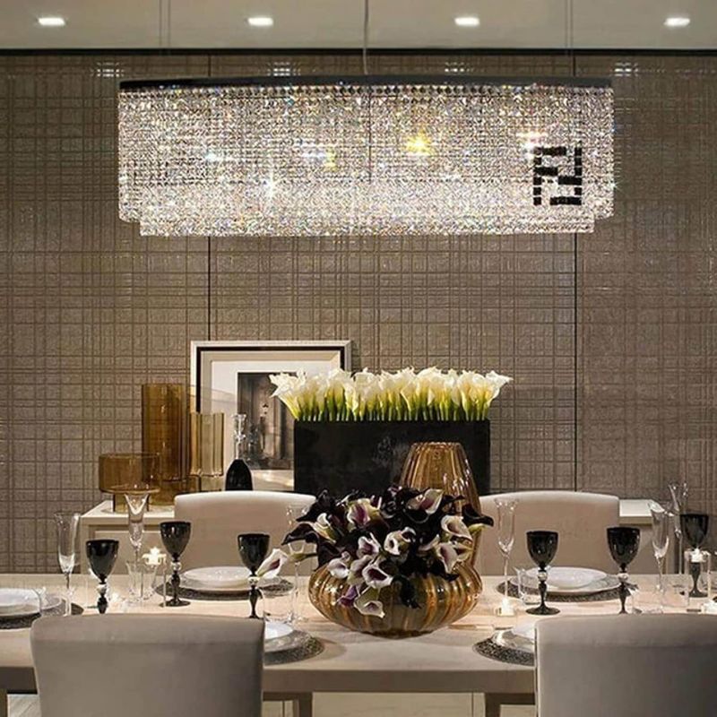 Photo 1 of 7PM Modern Rectangle Crystal Chandelier, Dining Room Light Fixture with K9 Raindrop Crystals, Rectangular Flush Mount Ceiling Light for Kitchen Island, Living Room, L47'' x W8'' x H16''