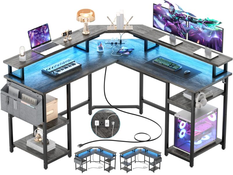 Photo 1 of Aheaplus L Shaped Gaming Desk with Power Outlets & LED Lights, L- Shaped Desk Computer Corner Desk with Monitor Stand and Storage Shelf, Home Office Desk Writing Desk with Storage Bag, Grey Oak Black Oak (19.29"D x 54.72"W x 34.71"H)