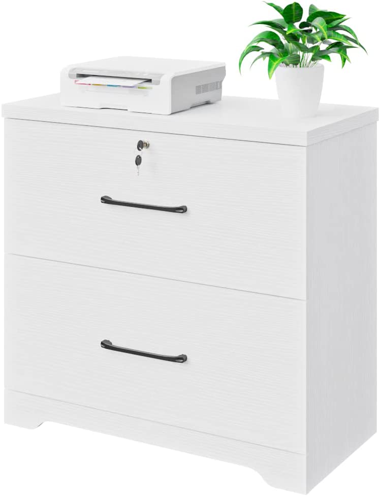 Photo 1 of 2 Drawer Wood Lateral File Cabinet with Lock, Home Office Storage Filing Cabinet with Anti-Tilt Mechanism with 8 Hanging Bars for Letter/Legal Size Heightened Drawer Side (White)
