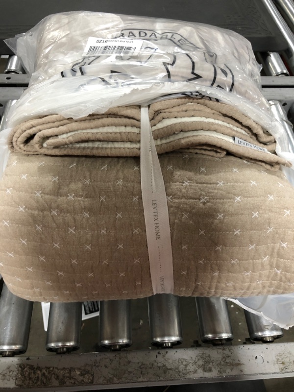 Photo 1 of Levtex Home - Cross Stitch Quilt Set - 100% Cotton - King/Cal King Quilt (106x92in.) + 2 King Shams (36x20in.) - Taupe Quilt with White Contrast Stitching
