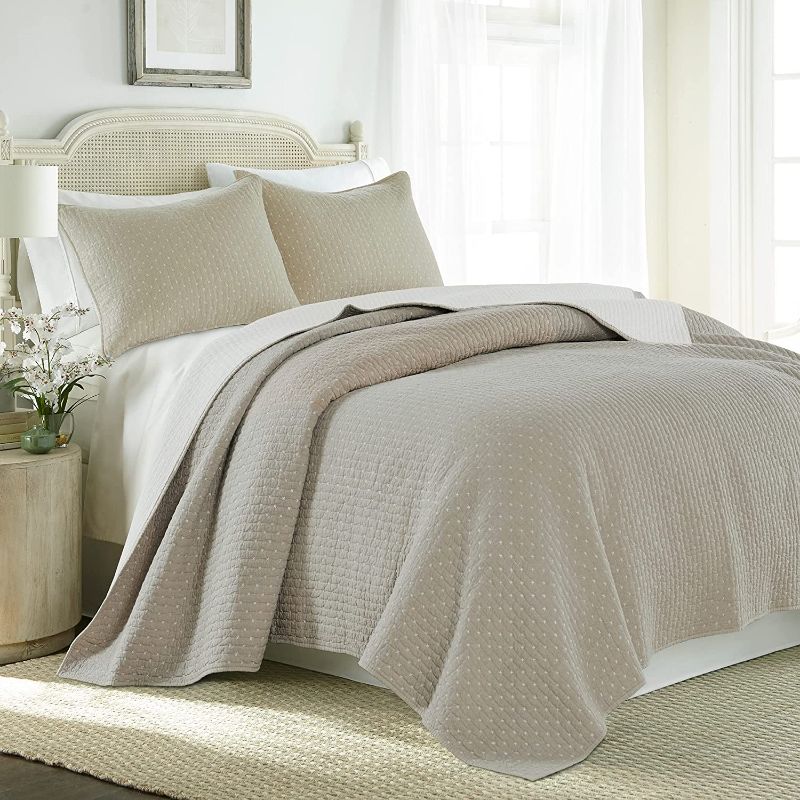 Photo 1 of Levtex Home - Cross Stitch Quilt Set - 100% Cotton - King/Cal King Quilt (106x92in.) + 2 King Shams (36x20in.) - Taupe Quilt with White Contrast Stitching
