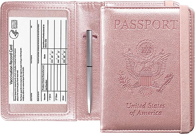 Photo 1 of ACdream Passport and Vaccine Card Holder Combo, Cover Case with CDC Vaccination Card Slot, Leather Travel Documents Organizer Protector, with RFID Blocking, for Women and Men, Rose Gold
