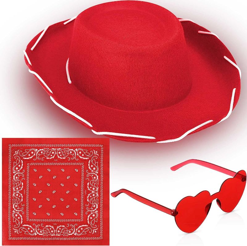 Photo 1 of 3 Pcs Cowgirl Cowboy Hat Set Western Cowgirl Hat with Paisley Heart Shaped Sunglasses Bandanna for Girls Kid Cowboy Women
