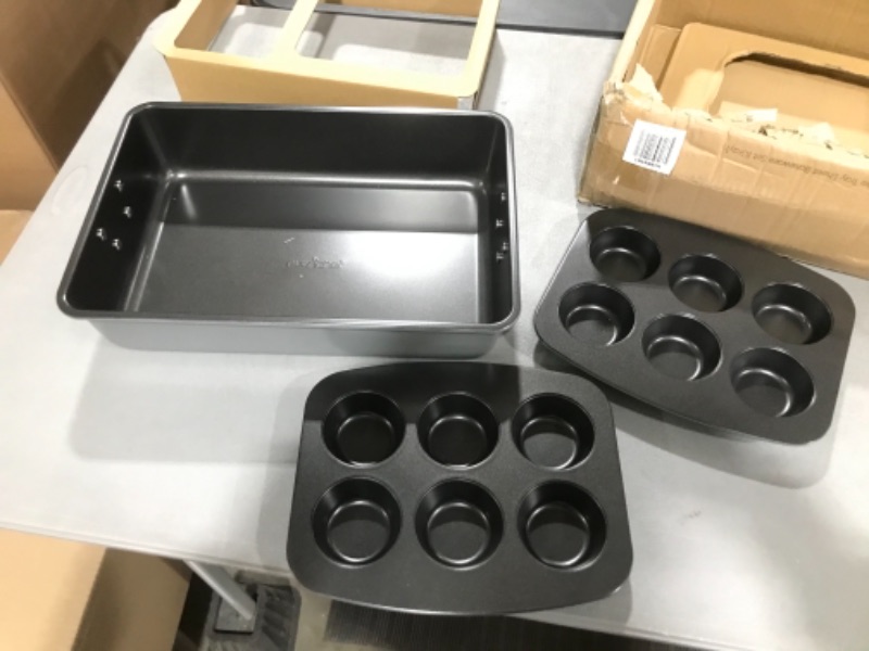 Photo 1 of 3-Piece Nonstick Stackable Bakeware Set - PFOA, PFOS, PTFE Free Baking Tray Set w/ Non-Stick Coating, 450°F Oven Safe, Round Cake, Muffin, Wide/Square Pans(Gray)