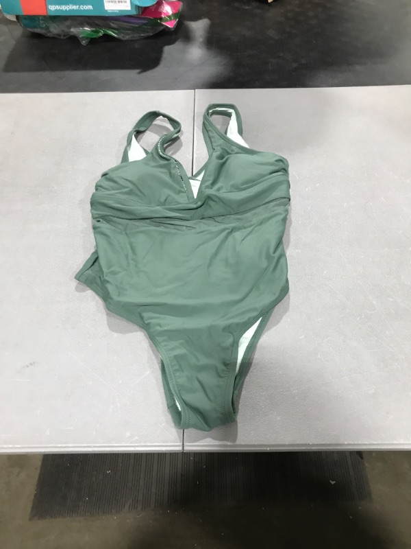 Photo 2 of CUPSHE One Piece Swimsuit for Women Bathing Suit V Neck Wide Straps Mesh Vintage Removable Soft Cups Green Medium