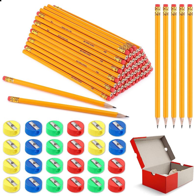 Photo 1 of 124 Pcs Operation Christmas Boxes for Child Include 100 Pcs Wood Pencils Bulk and 24 Pcs Pencil Sharpener for Classroom Supplies for Kids Teacher Students Gifts Office School Supplies