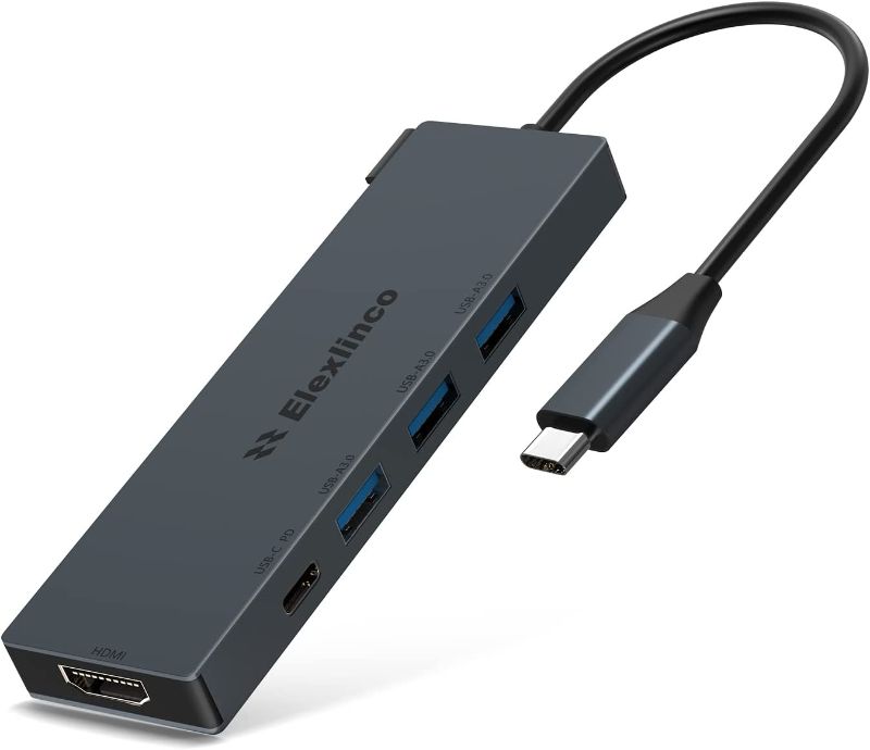 Photo 1 of USB C Hub, Elexlinco 5-in-1 USB C Adapter with 4K USB C to HDMI, 100W Power Delivery & Data Transmission Port, 3 USB A 3.0 Data Ports, for iPad Pro, MacBook Pro, XPS, Pixelbook, and More (Space Gray)
