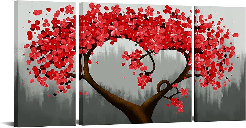 Photo 1 of 3 Piece Wall Art for Living Room Red Flower Paintings Giclee Print on Canvas Grey and Red Blossoms Picture Wall Decoration