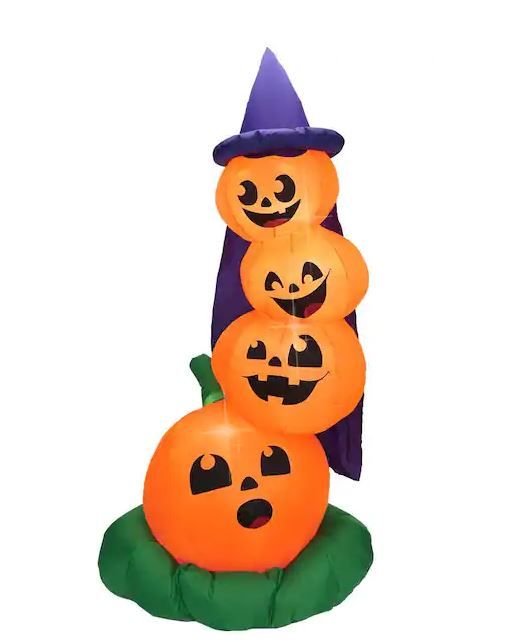 Photo 1 of 6 ft. H w LED Lights Orange, Purple and Green Plastic Stacked Pumpkins Halloween Inflatable