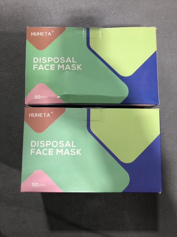 Photo 2 of [Pack of 2] Pack of 50 Disposable Face Masks 3-Ply Breathable & Comfortable Safety Mask, Protective Dust Masks for Indoor and Outdoor - Individually Wrapped (Multicolored Mask)