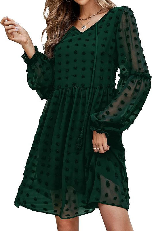 Photo 1 of Amoretu Women Swiss Dot Flowy Tunic Dresses V Neck Long Sleeve Shift Swing Dress  SIZE L