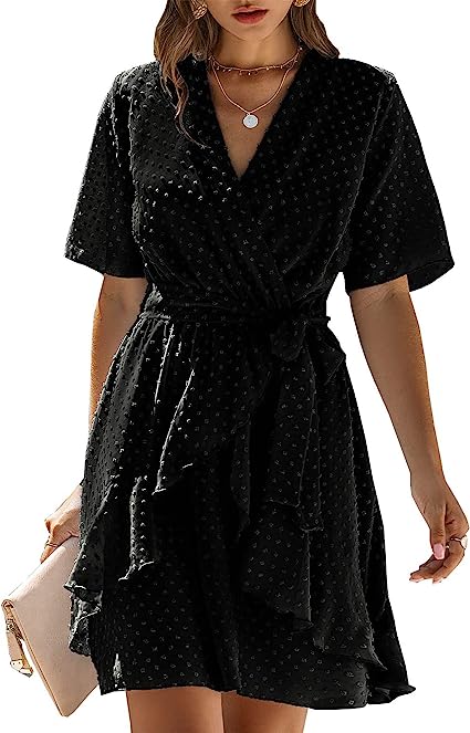 Photo 1 of BTFBM Women 2023 Fashion Faux Wrap V-Neck Dresses Short Sleeve High Waist Belt Swing Ruffle Hem Aline Summer Short Dress XL
