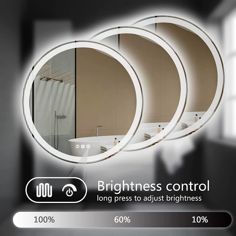 Photo 2 of LIIIVECASA 24 Inch Led Mirror Round LED Bathroom Vanity Mirror Defogger Dimmable Wall-Mounted Mirror with Lights Waterproof 3 Color Lighted Makeup Mirror (24 inch)