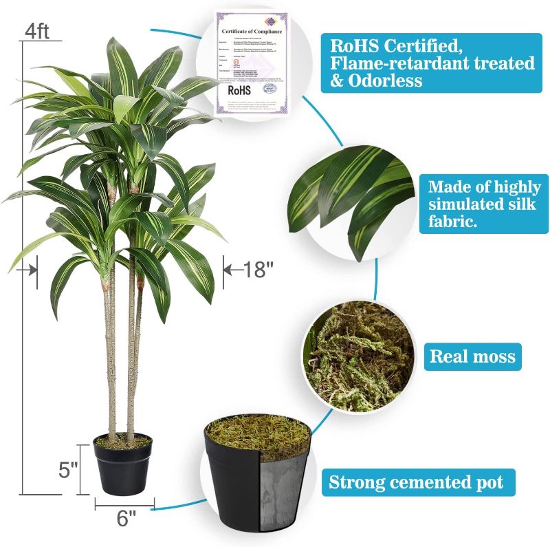 Photo 2 of  Artificial Dracaena Tree in Cemented Pot, Real Touch Fake Tropical Plants Bonsai Faux Silk Tree for Indoor Outdoor Porch Office House Living Room Home Modern Floor Corner Decor Gift(4 feet)
