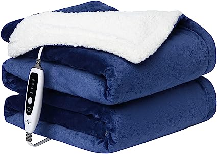 Photo 1 of CAROMIO Heated Blanket Throw - Soft Thickened Flannel to Sherpa Reversible Electric Heating Blanket, UL Certified 4 Heating Levels & 4 Hours Auto Off, Machine Washable Electric Throw, Blue 50" x 60"
