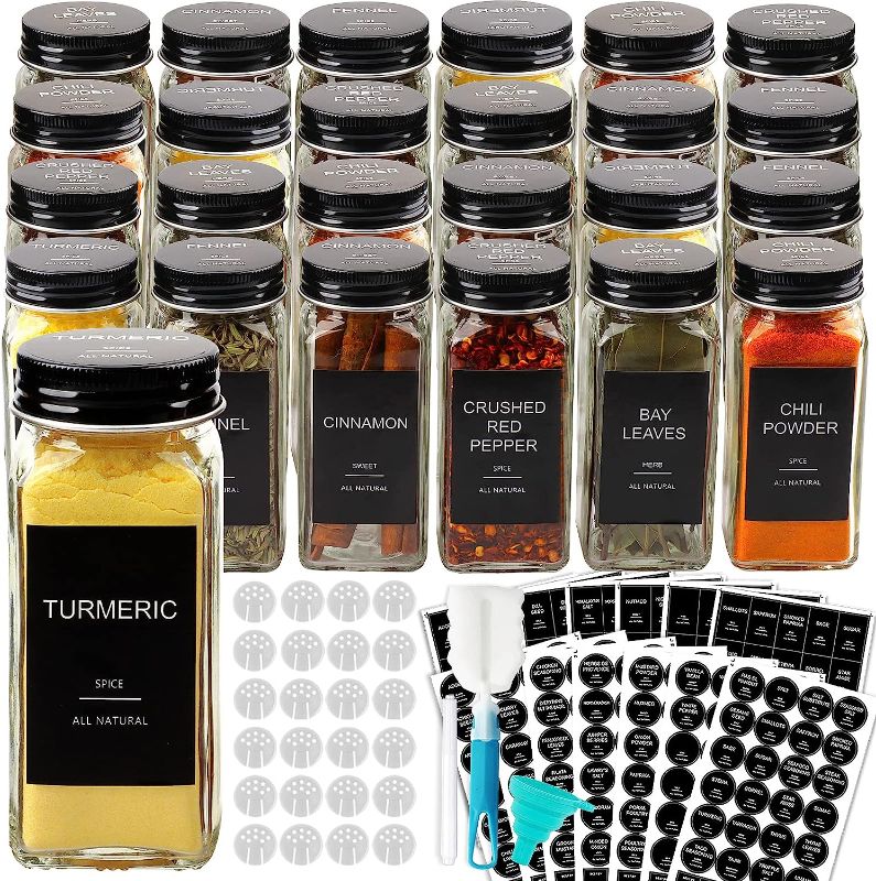 Photo 1 of AISIPRIN 24 Pcs Glass Spice Jars with 398 Labels, 4oz Empty Square Containers Seasoning Bottles - Shaker Lids, Funnel, Brush and Marker Included(Black Metal Caps) Metal-lids