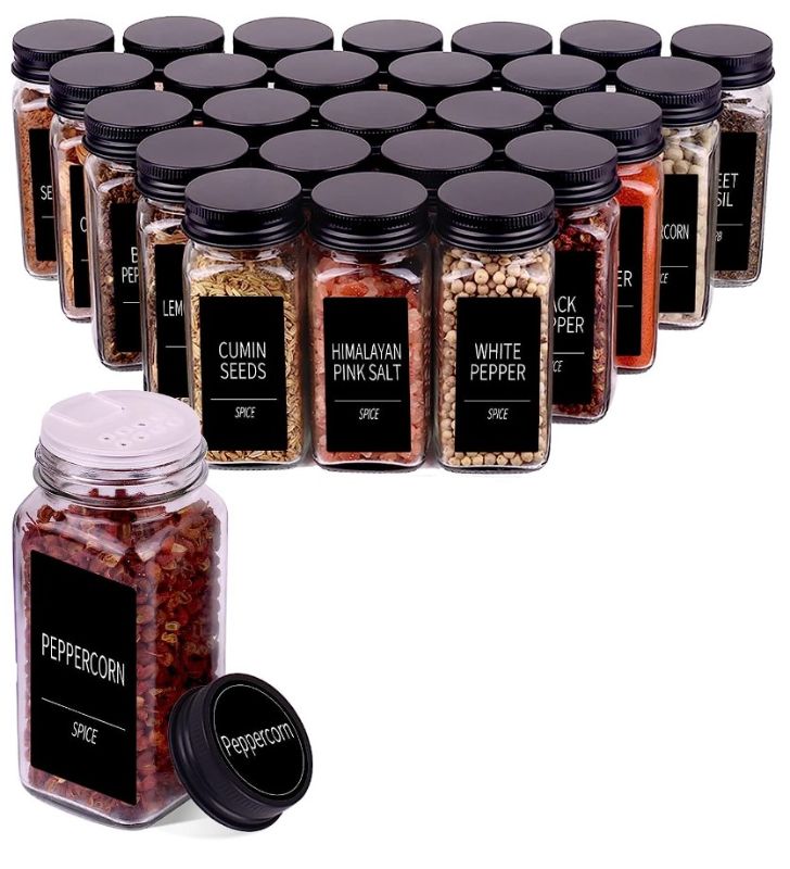 Photo 1 of 25 Spice Jars - Glass Spice Jars with Black Metal Caps, 4oz Empty Spice Containers with Shaker Lids, Funnel, Chalk Pen, Churboro Square Seasoning Bottles for Spice Rack