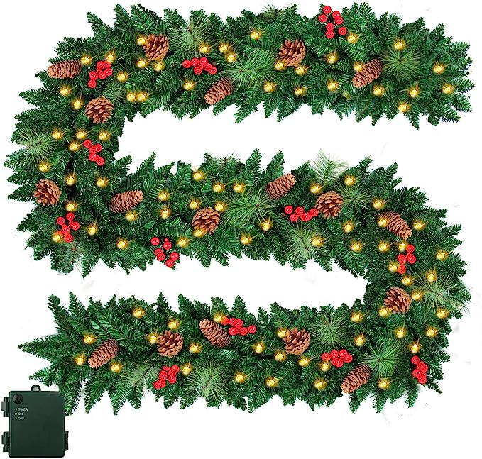 Photo 1 of 9FT Prelit Christmas Garland with 100 Lights Christmas Decorations Outdoor Lighted Christmas Garland for Mantle Stairs Railing Tree, Pre-Lit Christmas Garland Battery Operated Xmas Garland Fireplace
