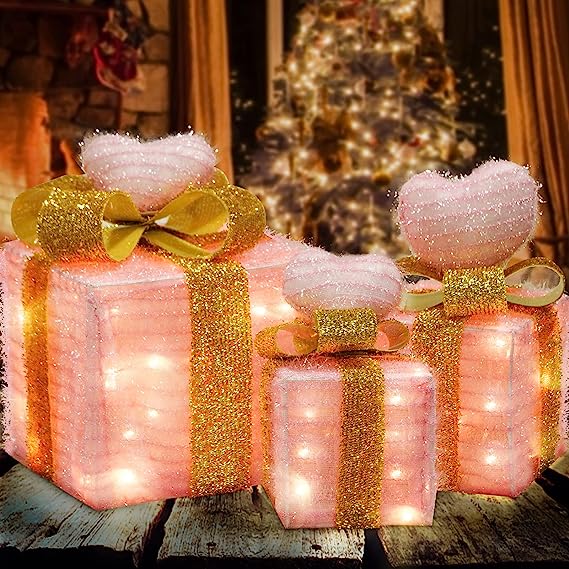 Photo 2 of Pink Lighted Gift Boxes, Light Pink Room Decor for Girls Bedroom, Christmas Pink Decorations, Pre-lit 60 LED Light Up Present Boxes Battery Operated, Valentine's Day Gifts for Indoor Outdoor, Set of 3