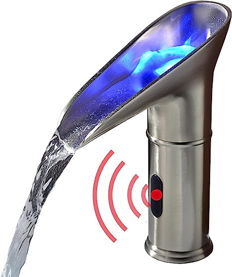 Photo 1 of Gangang LED Waterfall Bathroom Touchless Faucet Brush Nickle Automatic Motion Sensor Lighted Colorful Water Tap Mixer with Control Box and Mixing Valve(LED Round Waterfall)