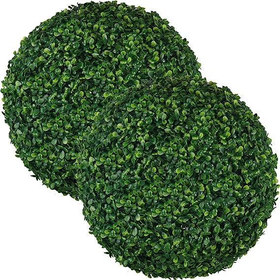 Photo 1 of AILANDA 2PCS 16inch Artificial Plant Topiary Ball Outdoor UV Resistant Faux Boxwood Balls with Chain Hook for Balcony, Patio, Garden, Backyard, Wedding, Home Decoration (Dark Green)
