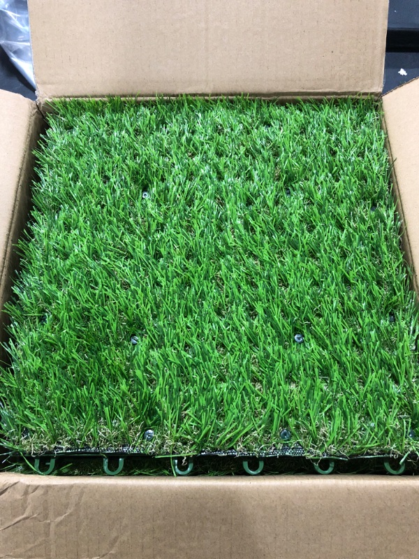 Photo 1 of TONAHUTU Artificial Grass Turf Tile, 9 Piece 1'x1' Interlocking Fake Grass Mat Deck Tile Synthetic Grass Turf Green Lawn Carpet for Outdoor Garden Balcony Patio Decor (1.57in Height) 9 Pack